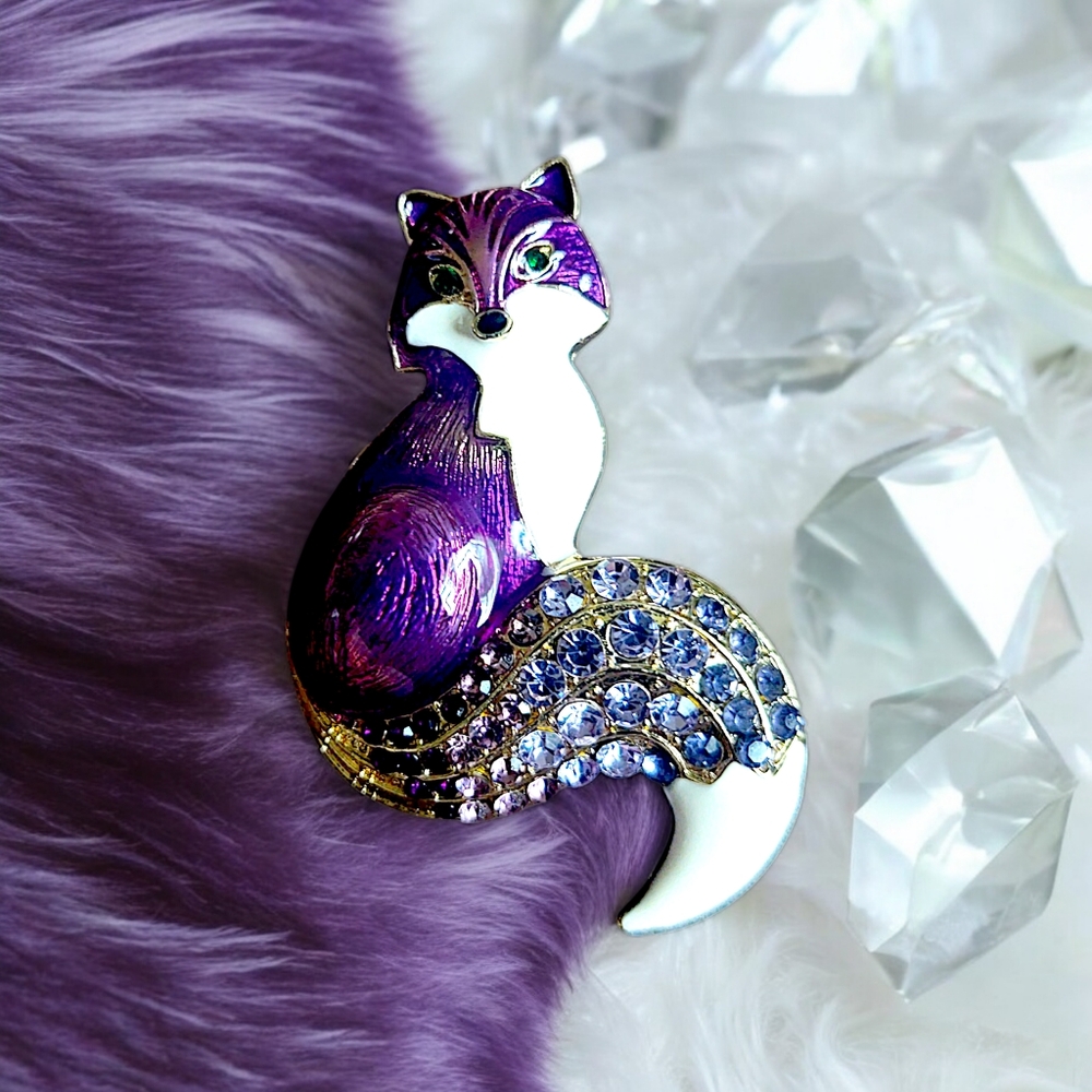 Elegant Purple Fox Brooch with Crystal Tail